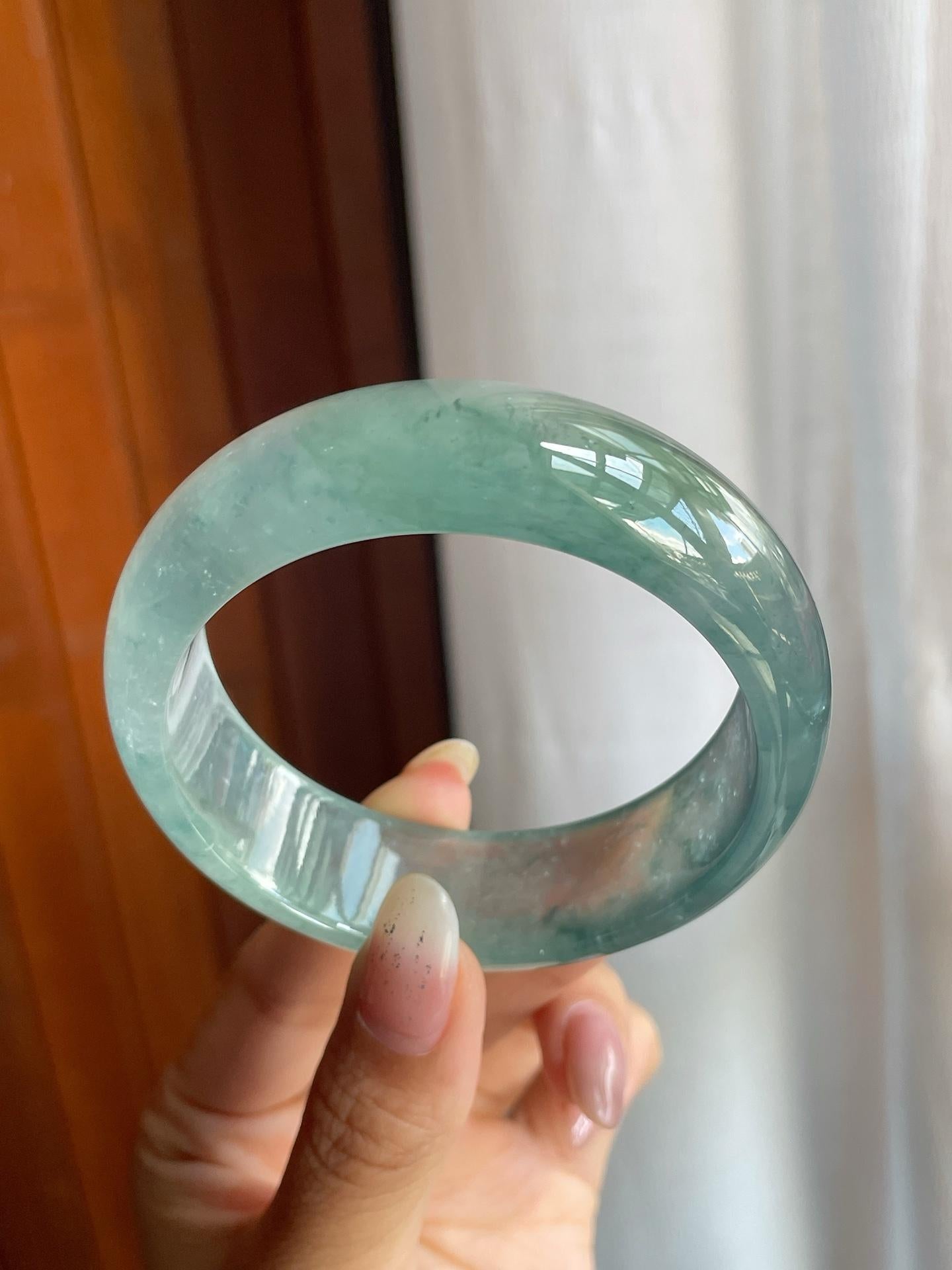 冰玻种蓝底飘花翡翠宽版平安镯(57mm)(yc220806)