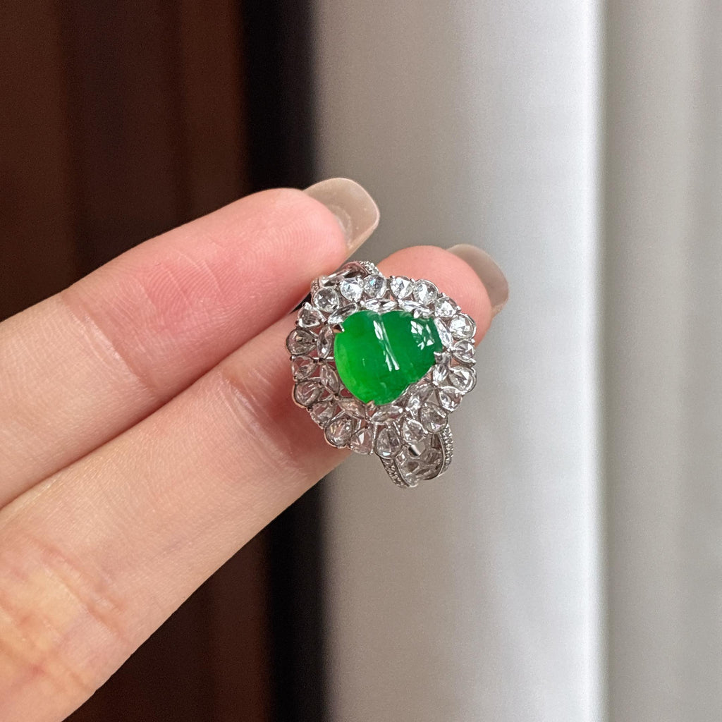 Nhẫn Ngọc Phỉ Thúy Thiên Nhiên Miến Điện Loại A 18k vàng đính đá băng chủng xanh lục đầy đặn (yc450391)