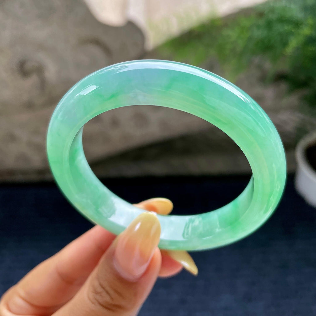 小圈口 糯冰种翠绿正圈平安镯53.4圈 天然缅甸A货翡翠（yc489336）
