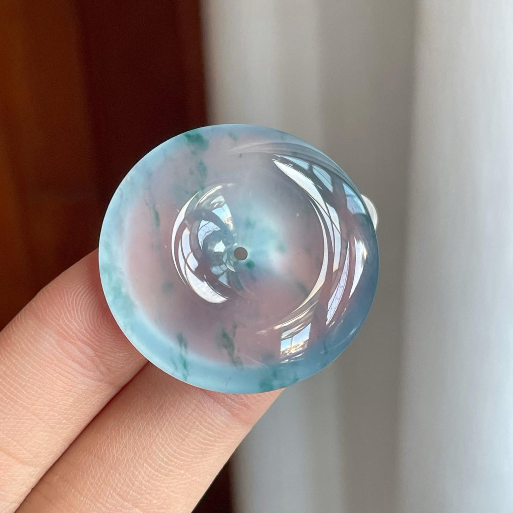 冰玻种飘蓝花翡翠平安扣（yc258419）