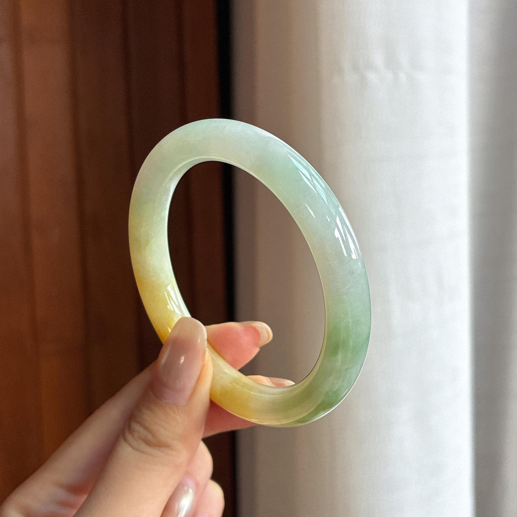 细糯种黄加绿圆条手镯 54圈 天然缅甸A货翡翠（yc455108）