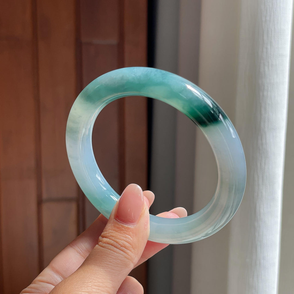 糯冰飘花圆条手镯 54圈 天然缅甸A货翡翠（yc506559）