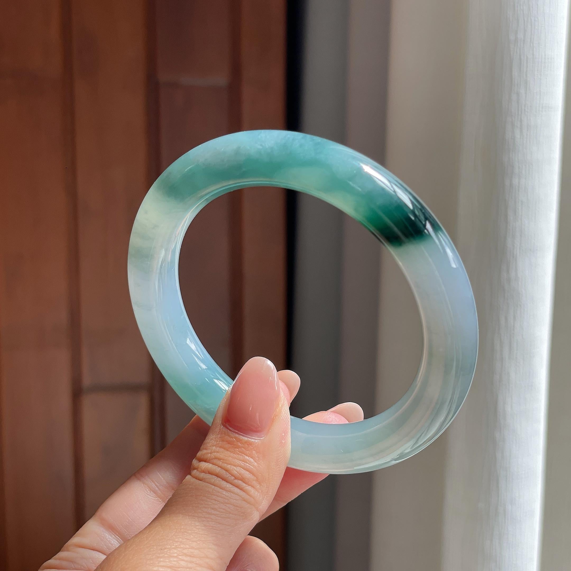 糯冰飘花圆条手镯 54圈 天然缅甸A货翡翠（yc506559）
