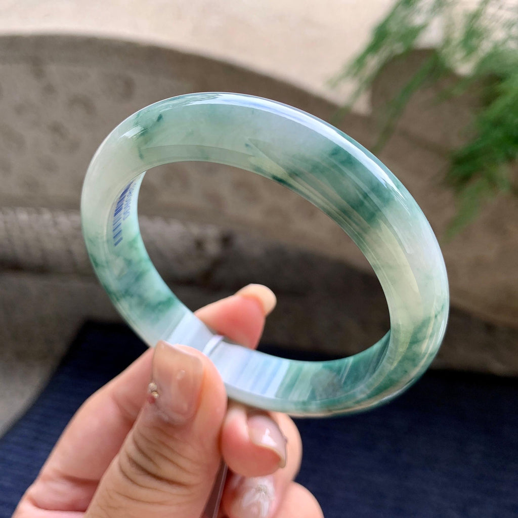细糯种油青飘花正圈平安镯 56圈口 天然缅甸A货翡翠（yc462947）