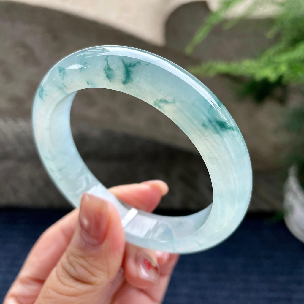 糯冰种飘蓝花正圈平安镯 56圈口 天然缅甸A货翡翠（yc350654）