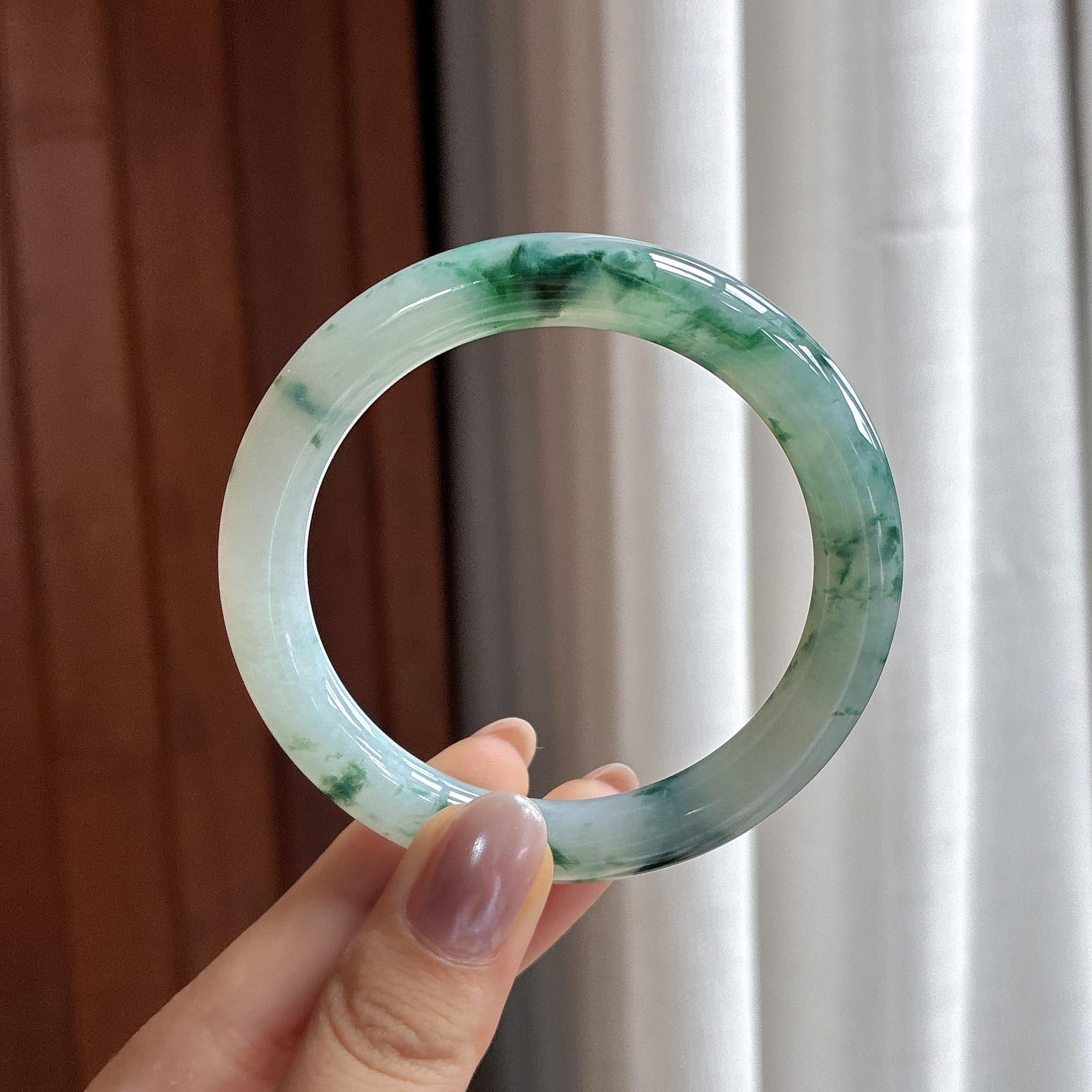糯冰飘花圆条手镯 53圈 天然缅甸A货翡翠（yc497825）