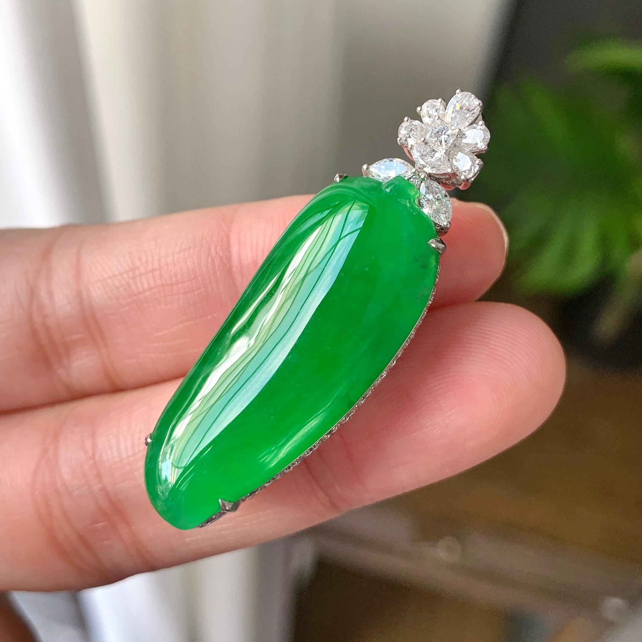 18K金钻镶糯冰种满绿福瓜吊坠（yc242679）