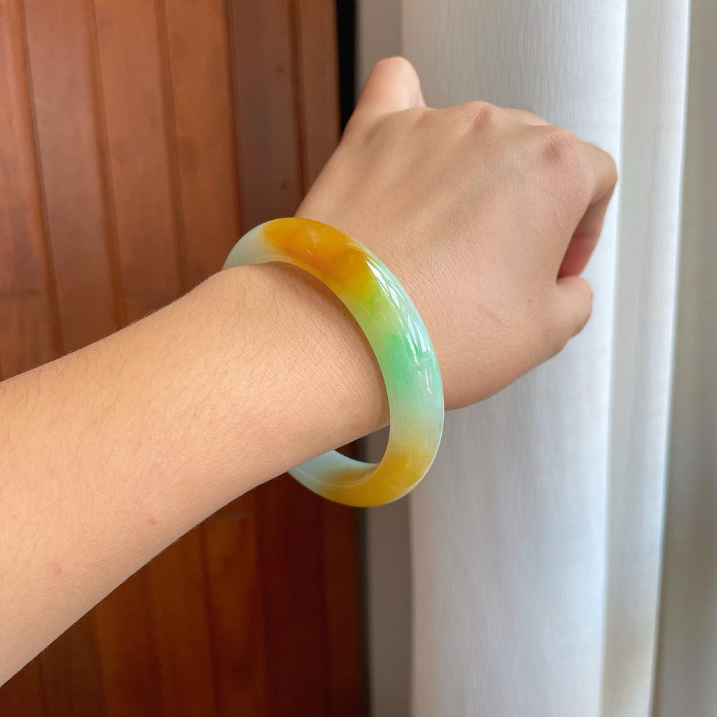 糯冰黄加绿翡翠平安镯（58.5mm）（yc268243）