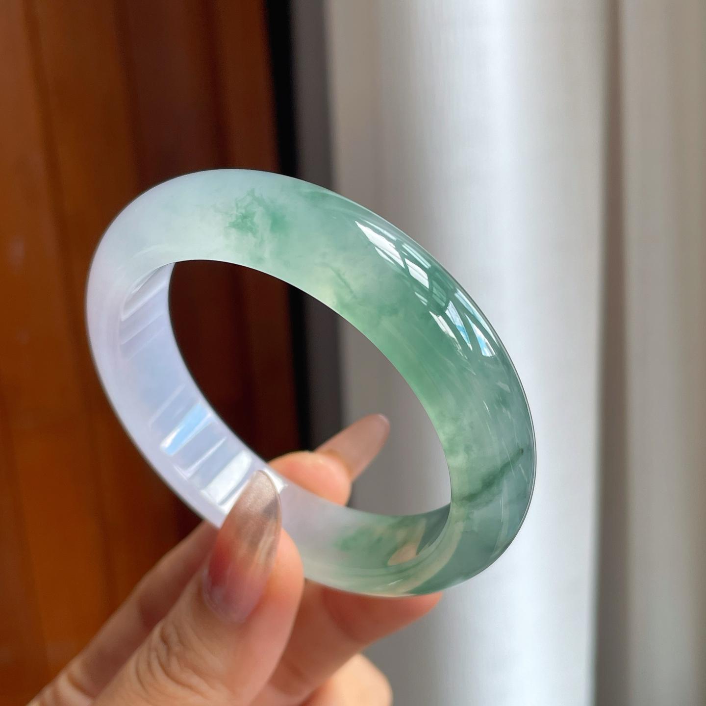 冰种飘花带春底翡翠平安镯（53.4mm）（yc230329）