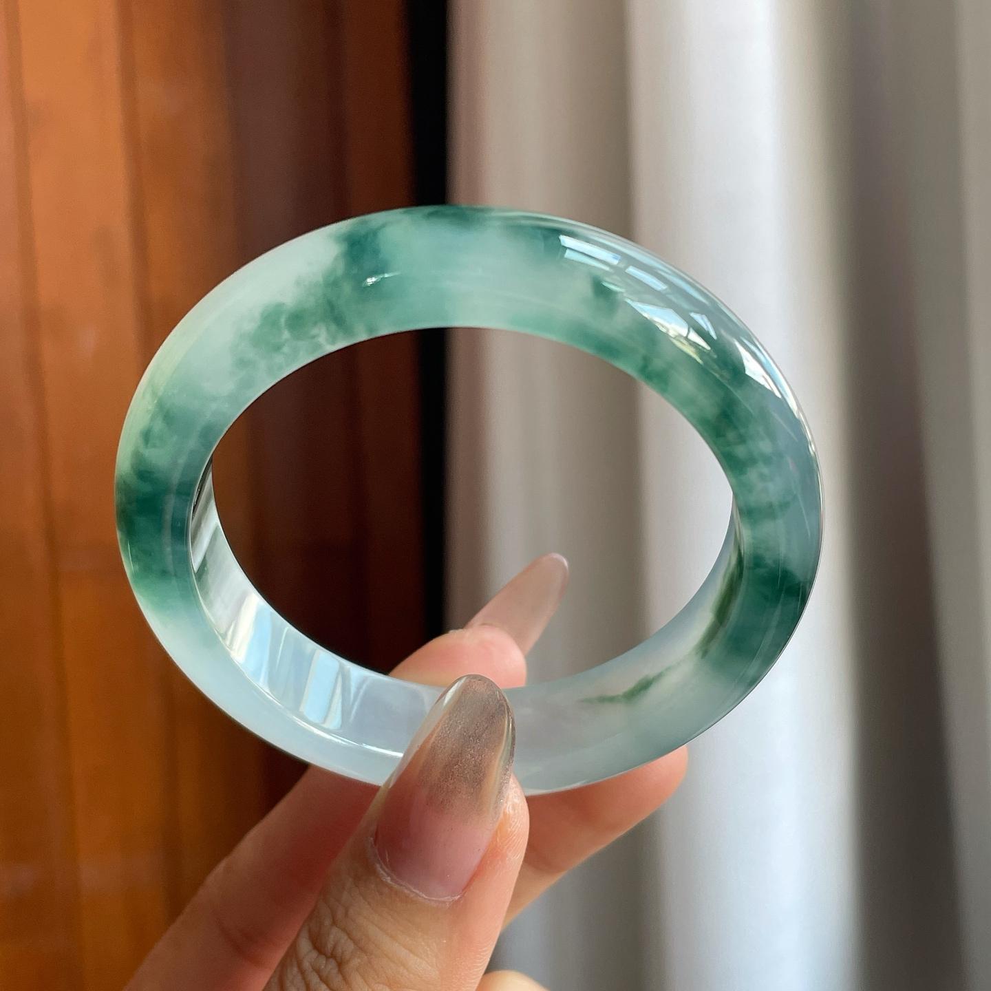 冰种飘蓝花翡翠平安镯（53mm）（yc228073）