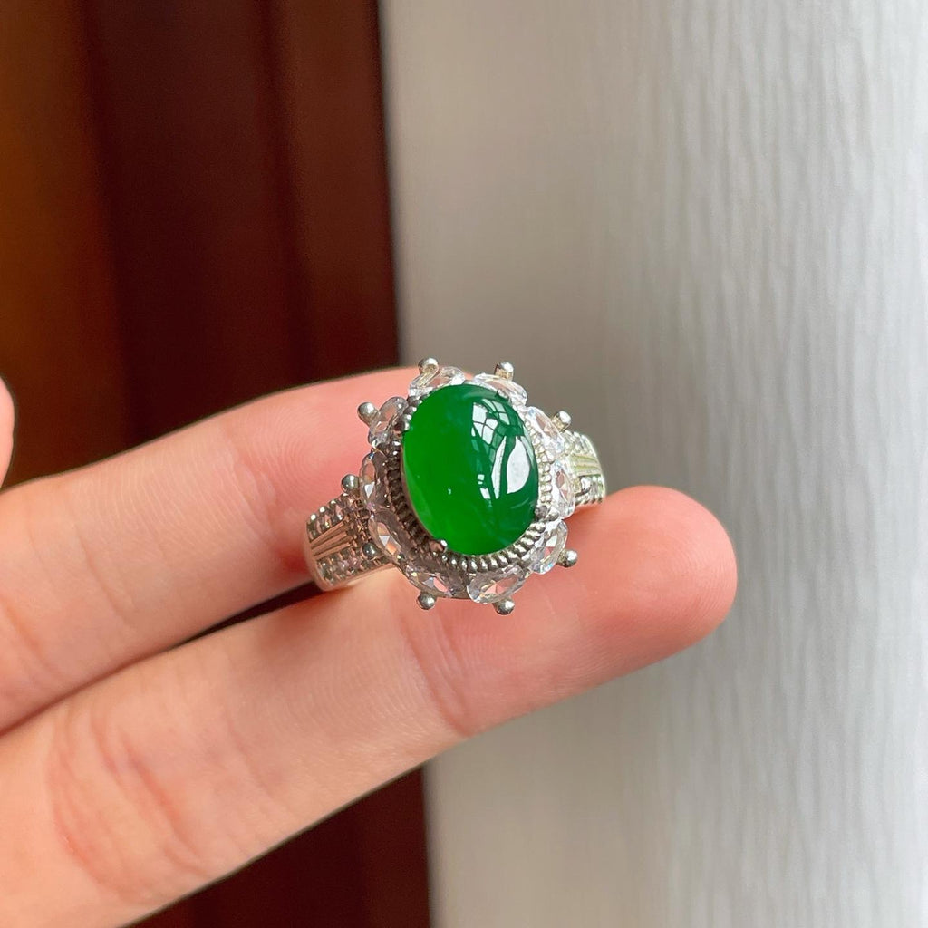 铜托冰种满绿翡翠蛋面（yc253142）