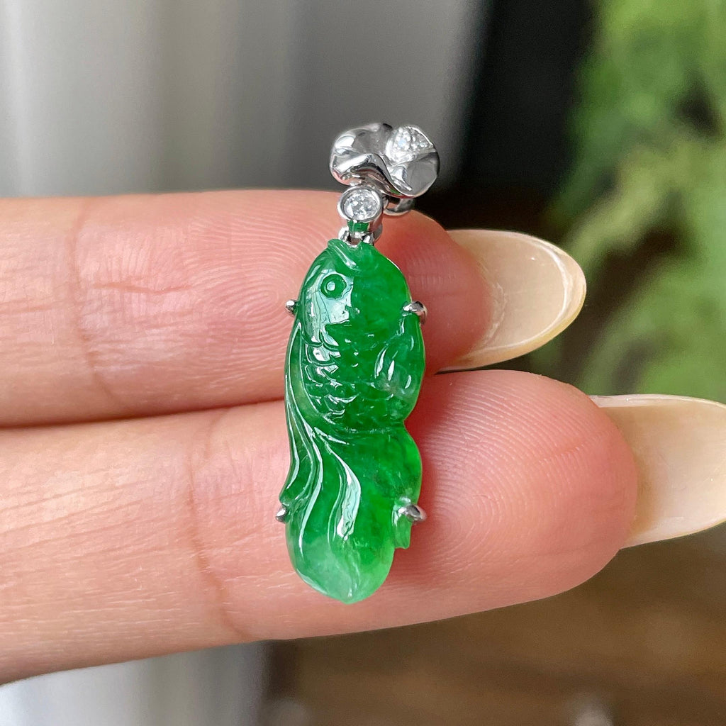 18K金镶冰种满绿年年有余挂件 天然缅甸A货翡翠（yc462949）