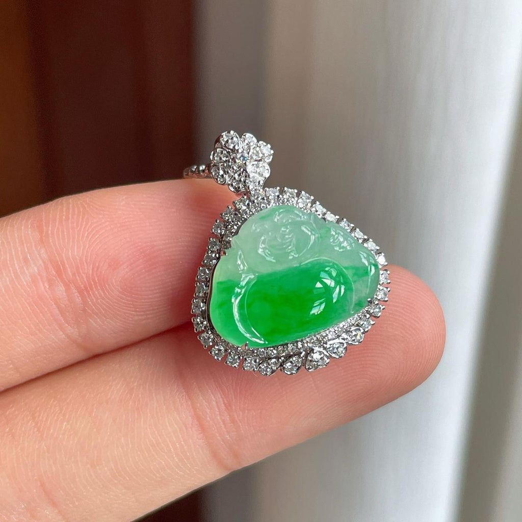 18k金钻镶糯冰带色翡翠佛公（yc255716）