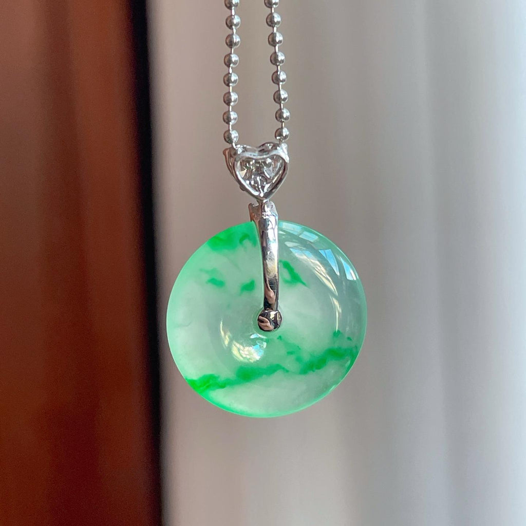 18k金扣冰种阳绿花翡翠平安扣（yc239328）