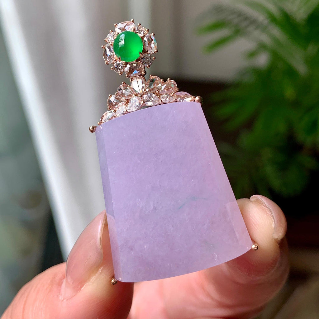 18K金钻镶糯冰种紫罗兰无事牌吊坠 天然缅甸A货翡翠（yc356854）