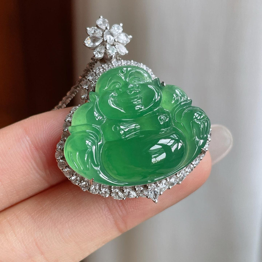 18k金钻镶冰种湖水绿翡翠佛公（yc263547）