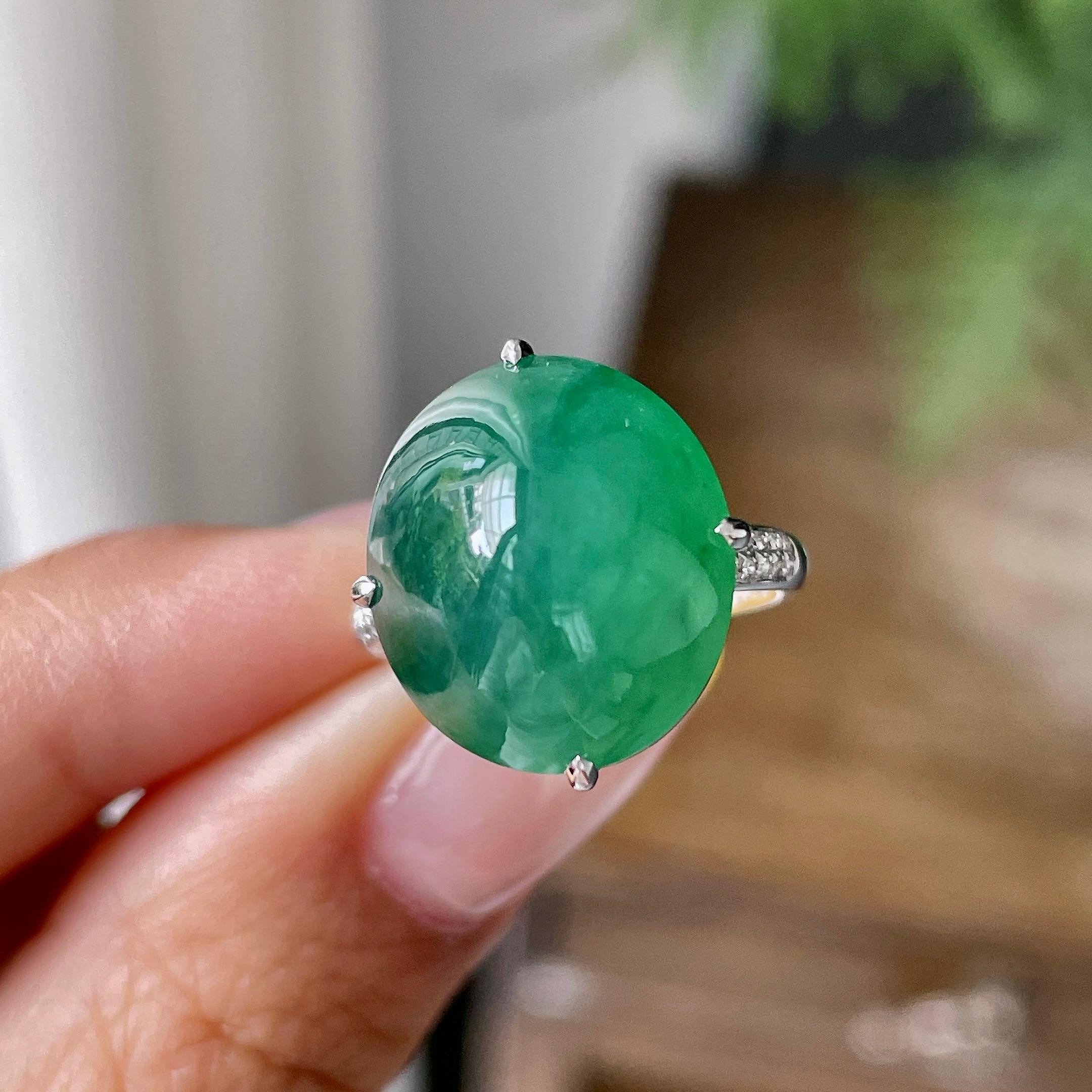 18k金镶细糯种湖水绿蛋面戒指     天然缅甸A货翡翠（yc362069）