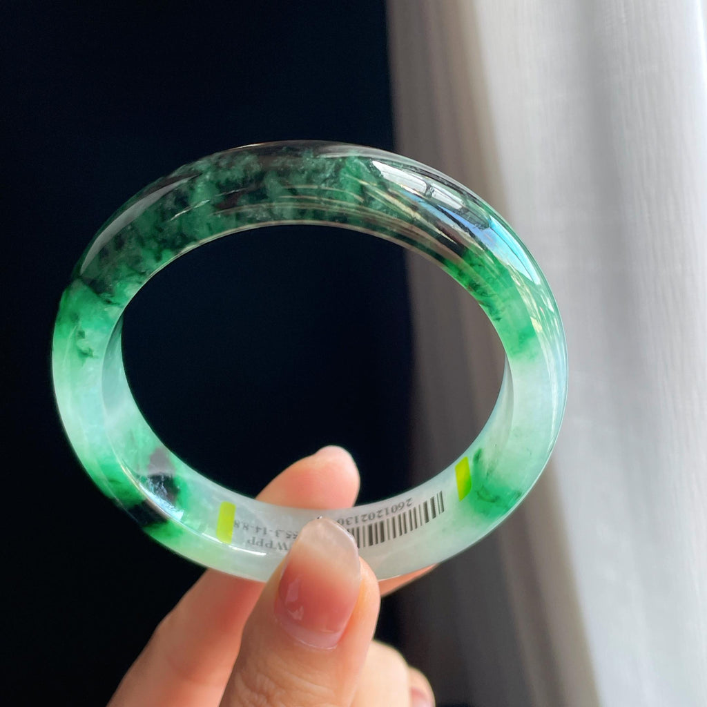 冰种水墨花带色翡翠平安镯（58mm)（yc323162）