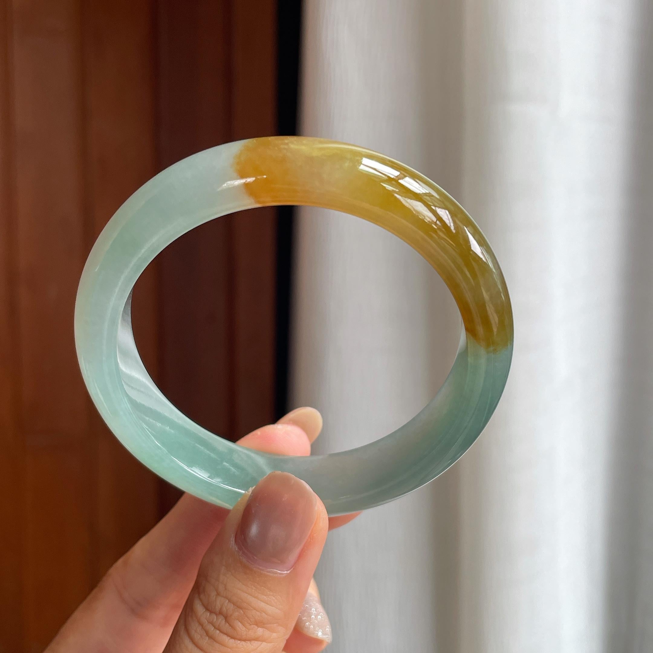 冰种蓝底黄翡翡翠平安镯（57mm）（yc412132）