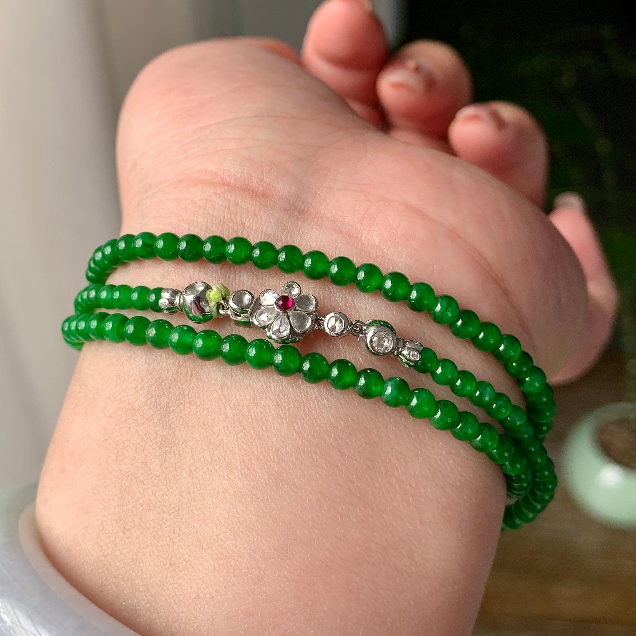 糯冰种满绿小米珠链（188颗） 天然缅甸A货翡翠（yc355306）