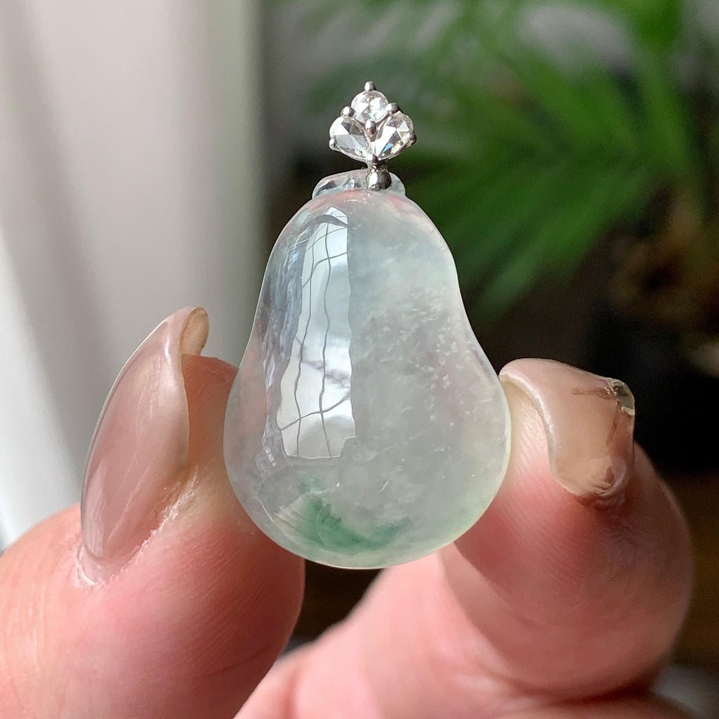 18K金钻镶糯冰种飘绿花福瓜吊坠  天然缅甸A货翡翠（yc430681）