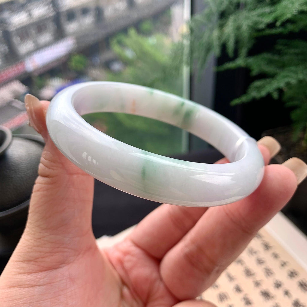 大圈口 细糯种飘绿花洒金正圈平安镯 61.2圈口 天然缅甸A货翡翠（yc477604）