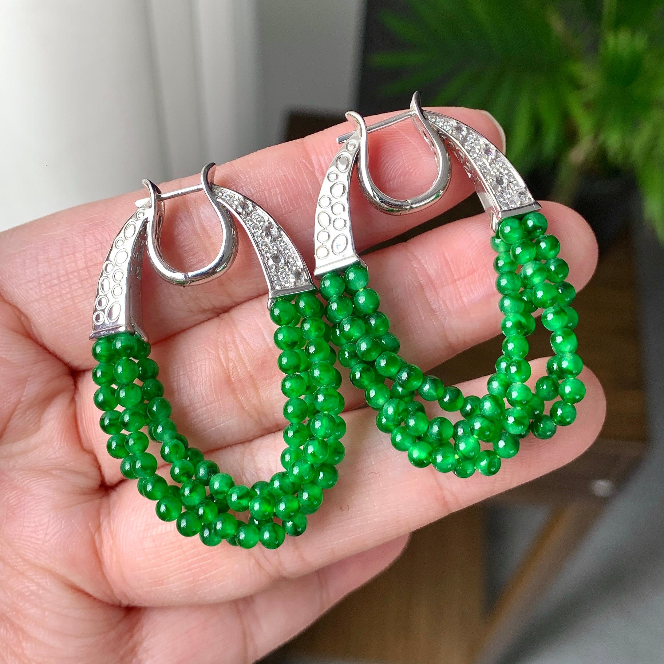 18K金钻镶糯冰种满绿小米珠耳坠（yc248205）