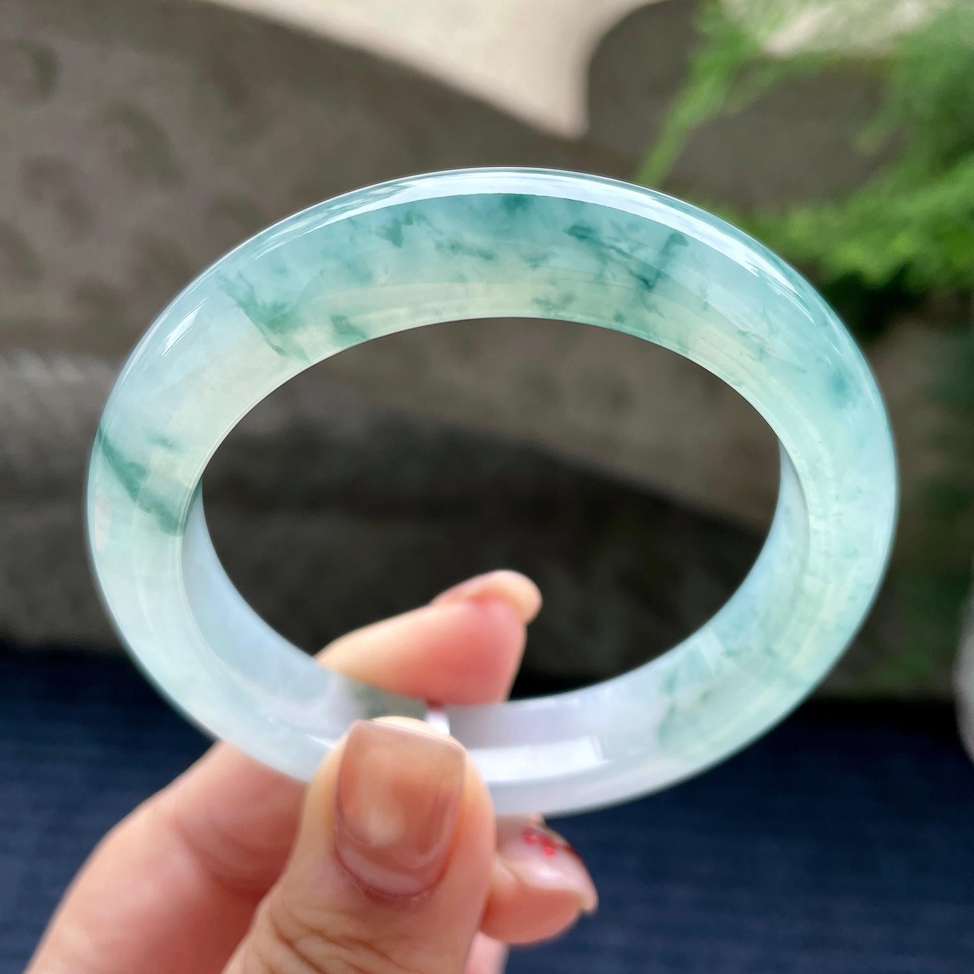 小圈口  冰种飘蓝花正圈平安镯53圈口  天然缅甸A货翡翠（yc350664）