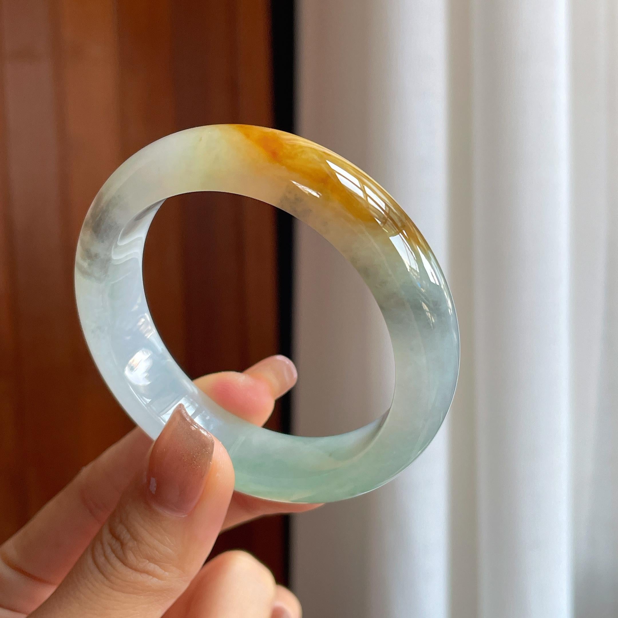 糯冰黄加绿翡翠平安镯（53.7mm)（yc365758）