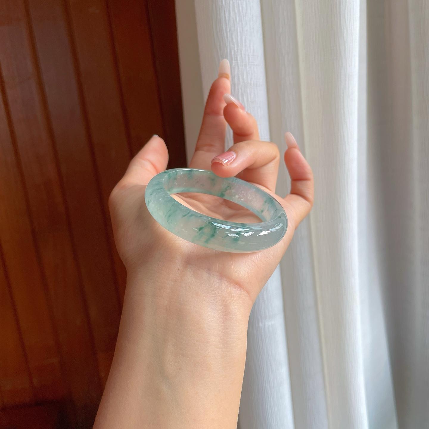 冰玻种飘花翡翠平安镯（52mm）（yc312317）