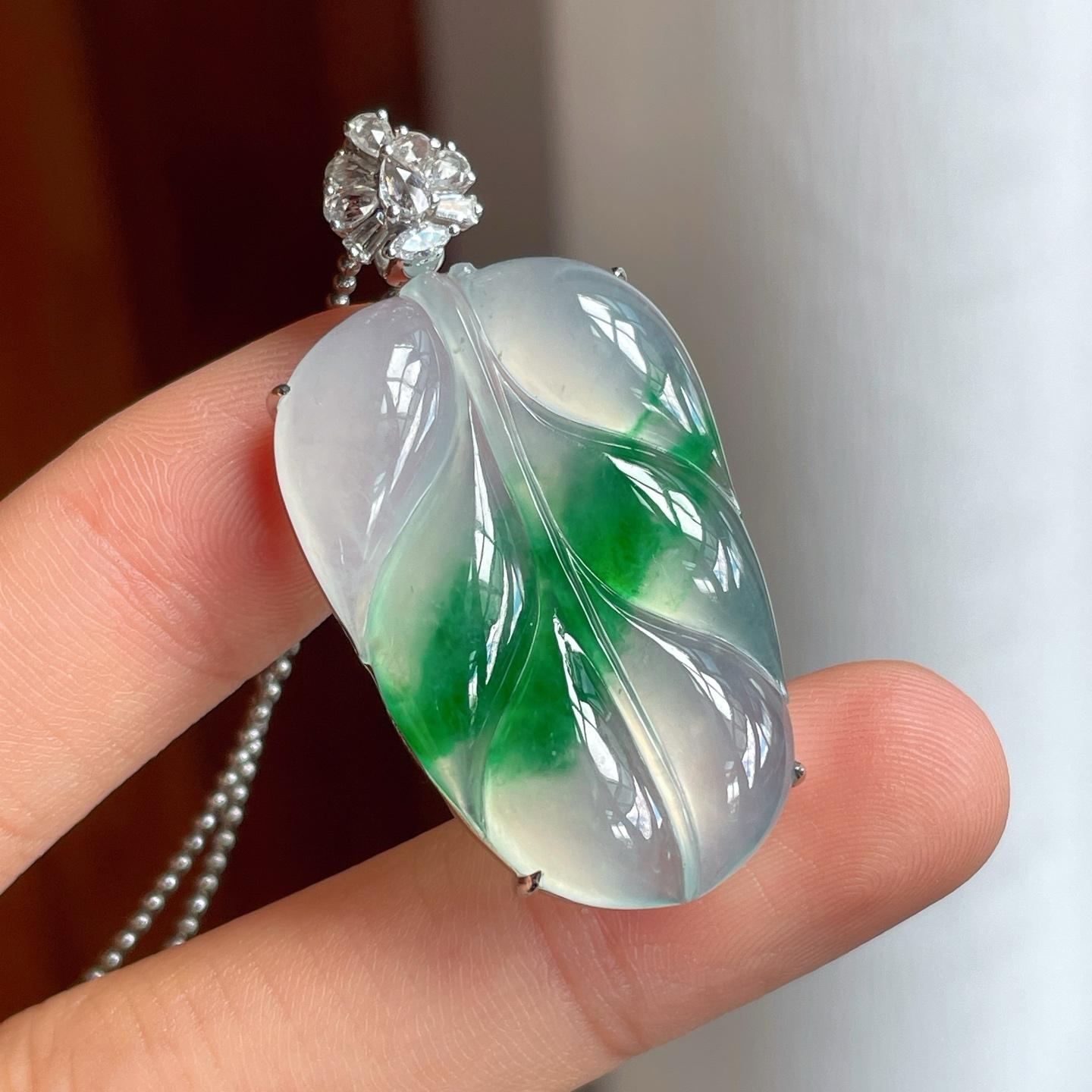 18k金镶冰种带色翡翠叶子（yc250572）