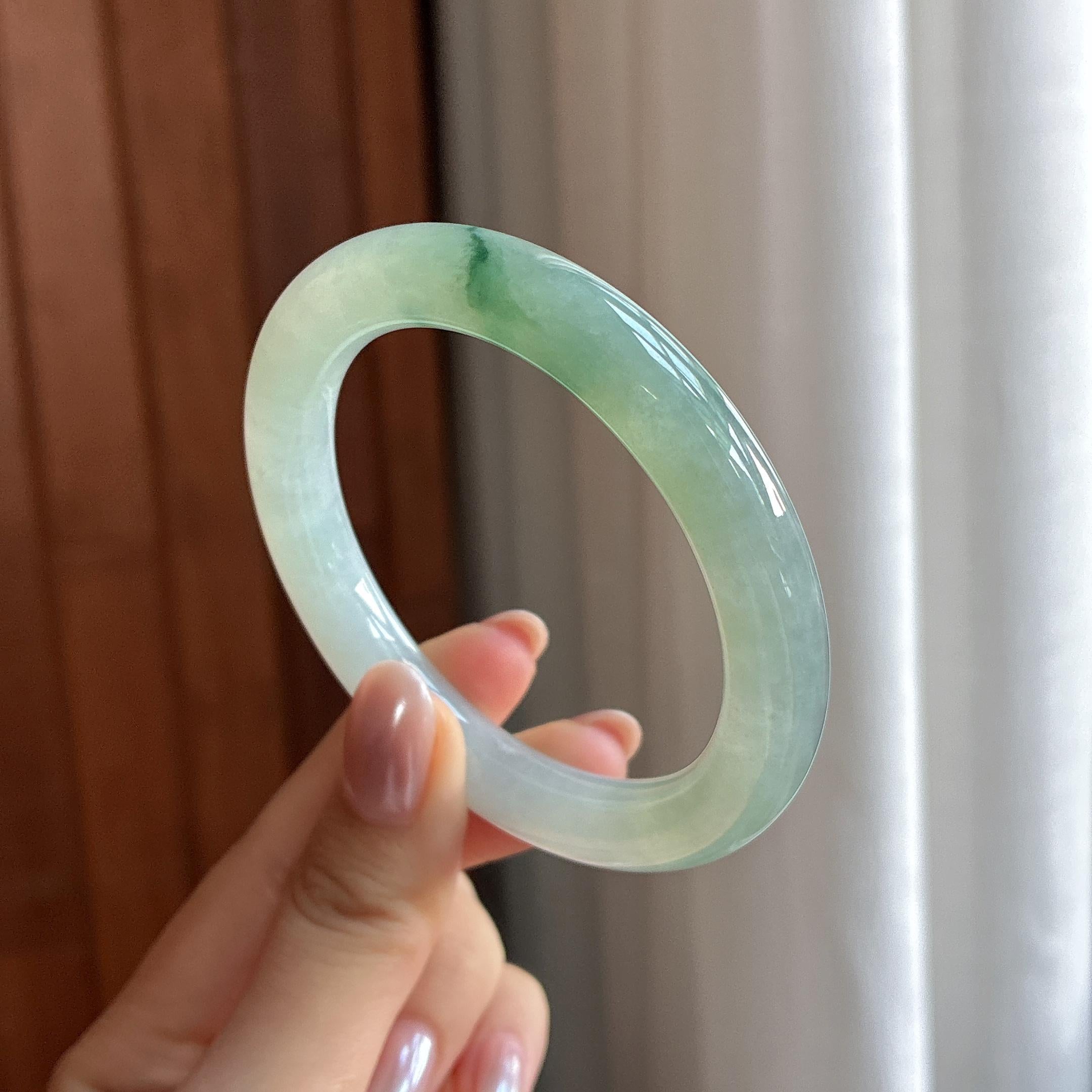 糯冰飘花圆条手镯 54圈 天然缅甸A货翡翠（yc502628）