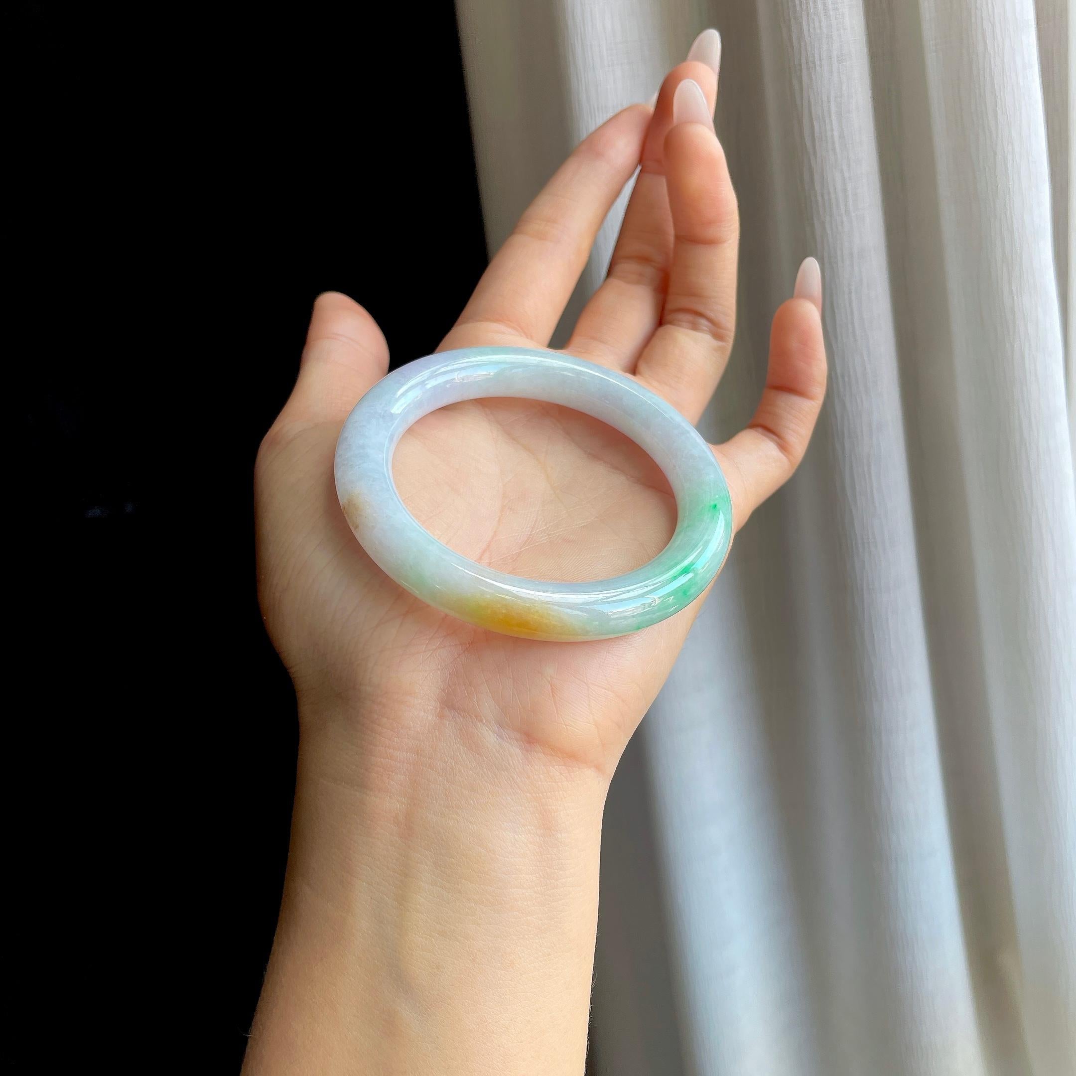 糯冰黄加绿翡翠圆条手镯（53mm）（yc295022）