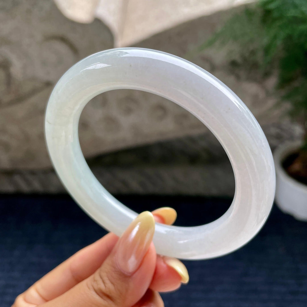 大圈口 细糯种带底色圆条手镯58.5圈 天然缅甸A货翡翠（yc460657）