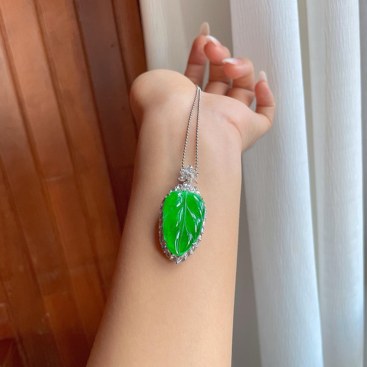 18k金镶冰种满绿翡翠叶子（yc258413）