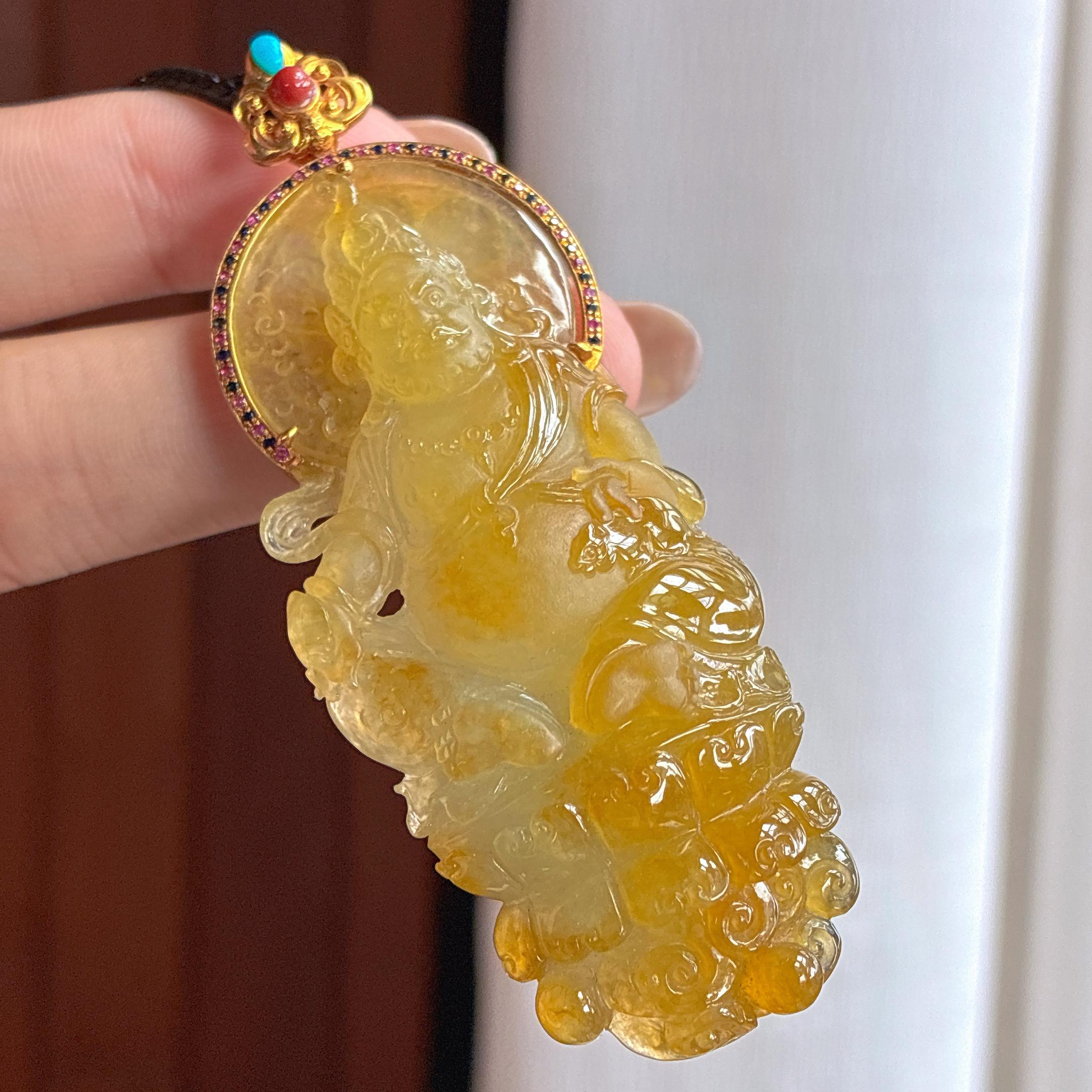 18k金镶糯冰黄翡黄财神 天然缅甸A货翡翠（yc439630）