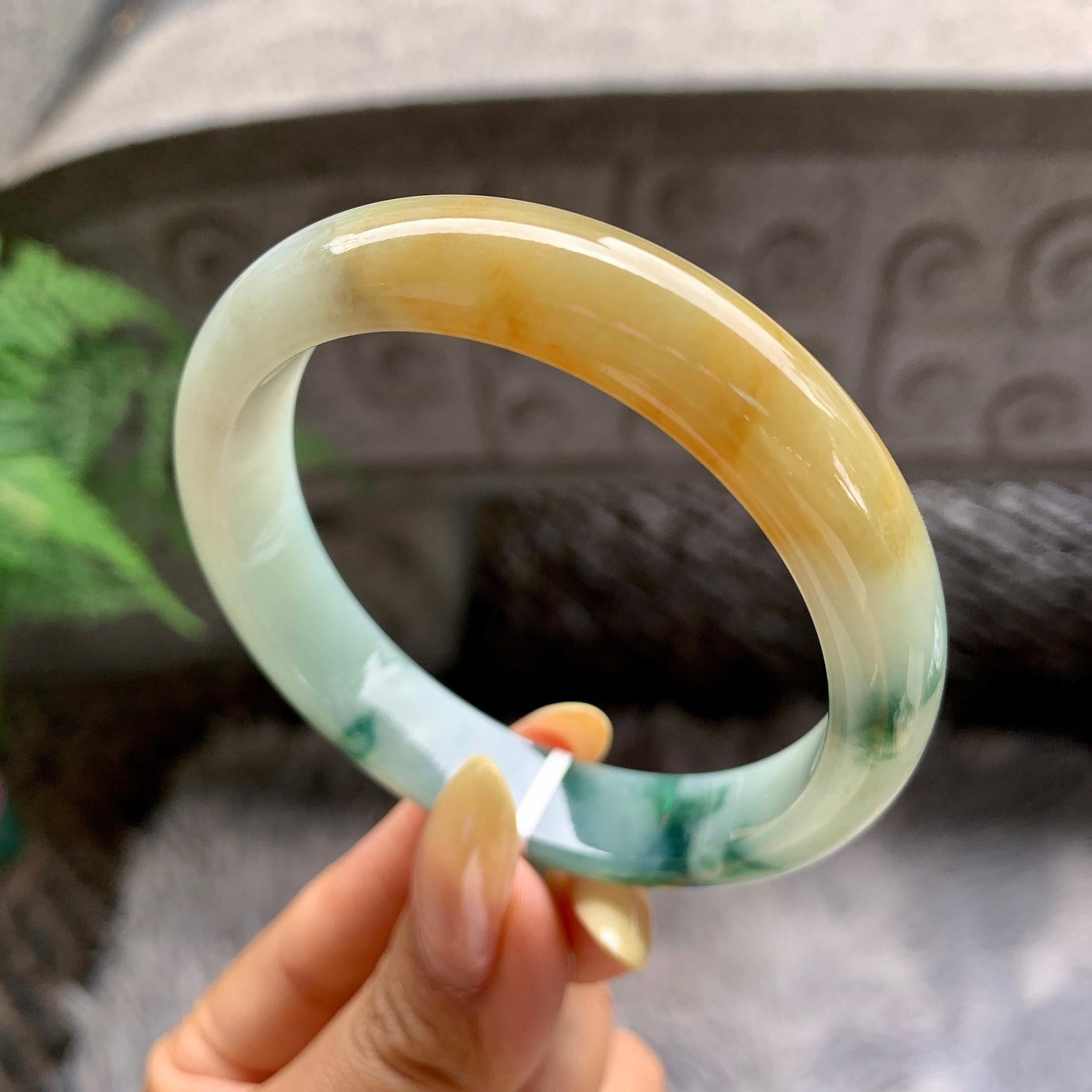 细糯种黄翡飘花正圈平安镯55圈 天然缅甸A货翡翠（yc481904）