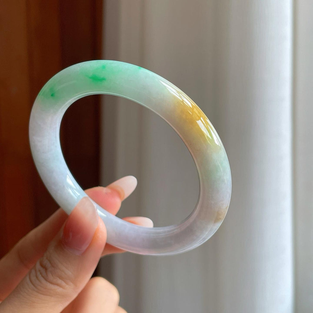 糯冰黄加绿翡翠圆条手镯（53.2mm）（yc310619）
