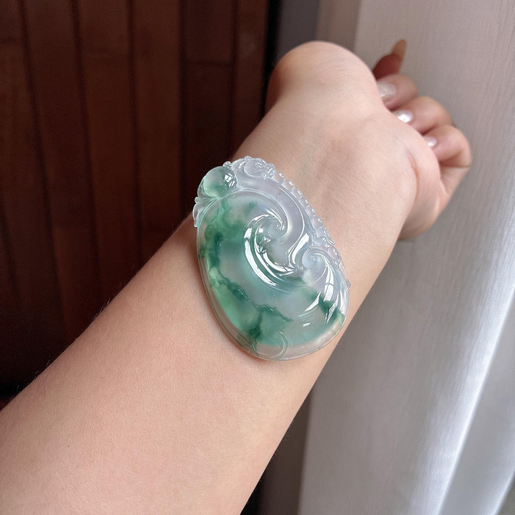 冰种飘花如意挂件 天然缅甸A货翡翠（yc504002）