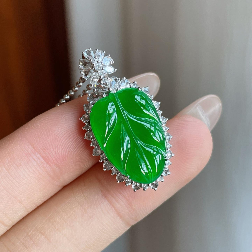 18k金镶冰种满绿翡翠叶子（yc246210）