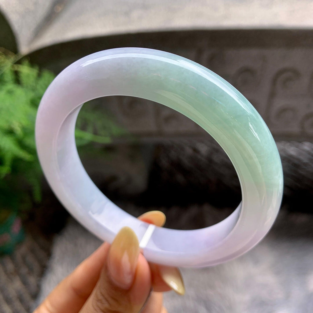 大圈口 细糯种淡春彩正圈平安镯60圈 天然缅甸A货翡翠（yc481907）