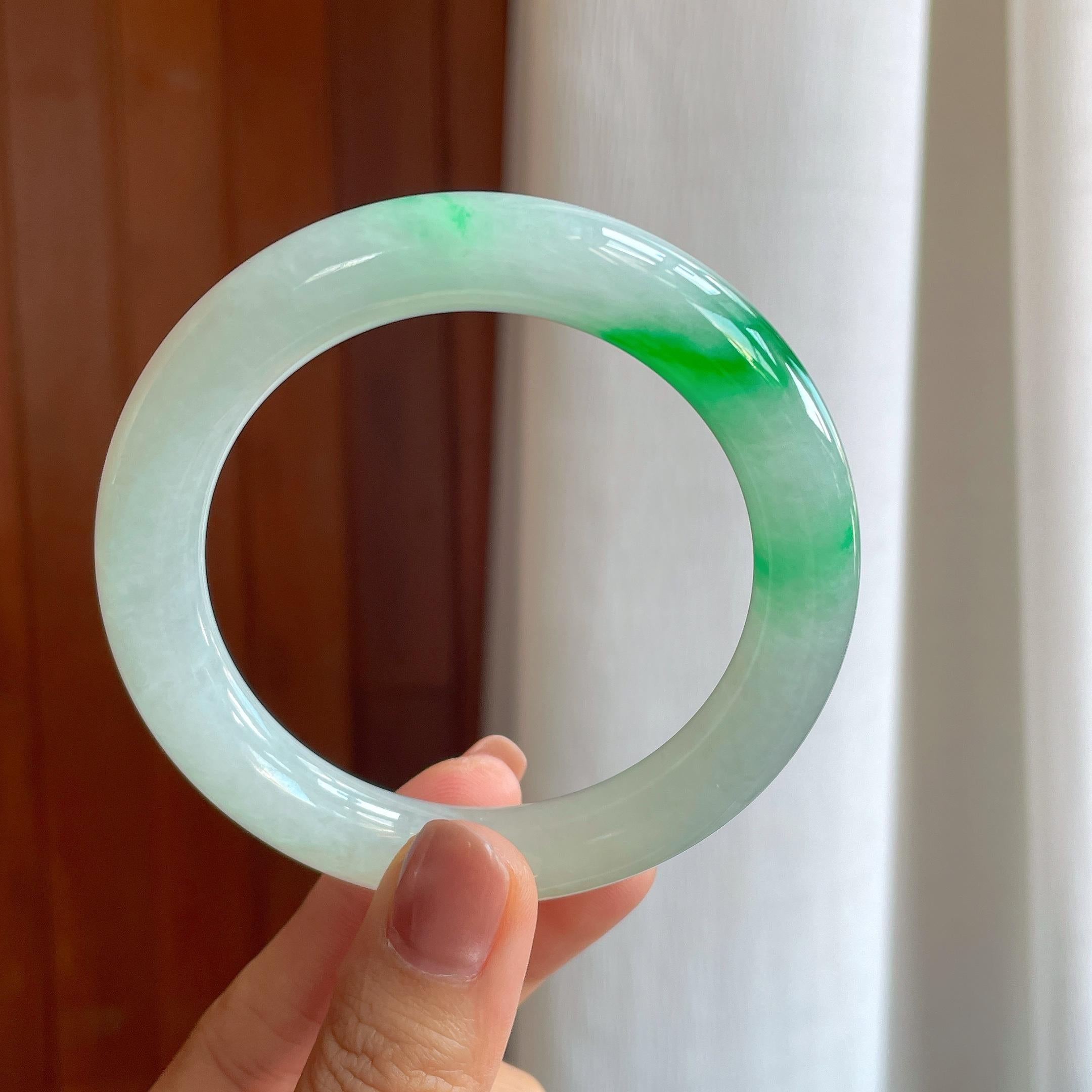 糯冰带色翡翠圆条手镯（58mm）（yc283274）