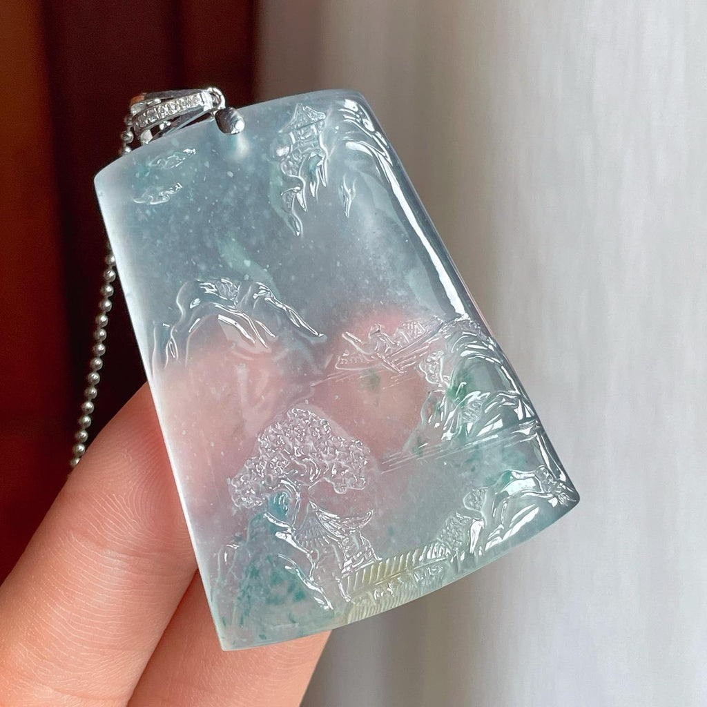 18k金扣冰玻种飘花翡翠山水牌（yc248489）