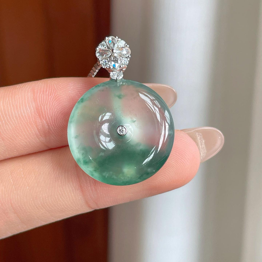 18k金镶冰种飘花翡翠平安扣（yc239690）