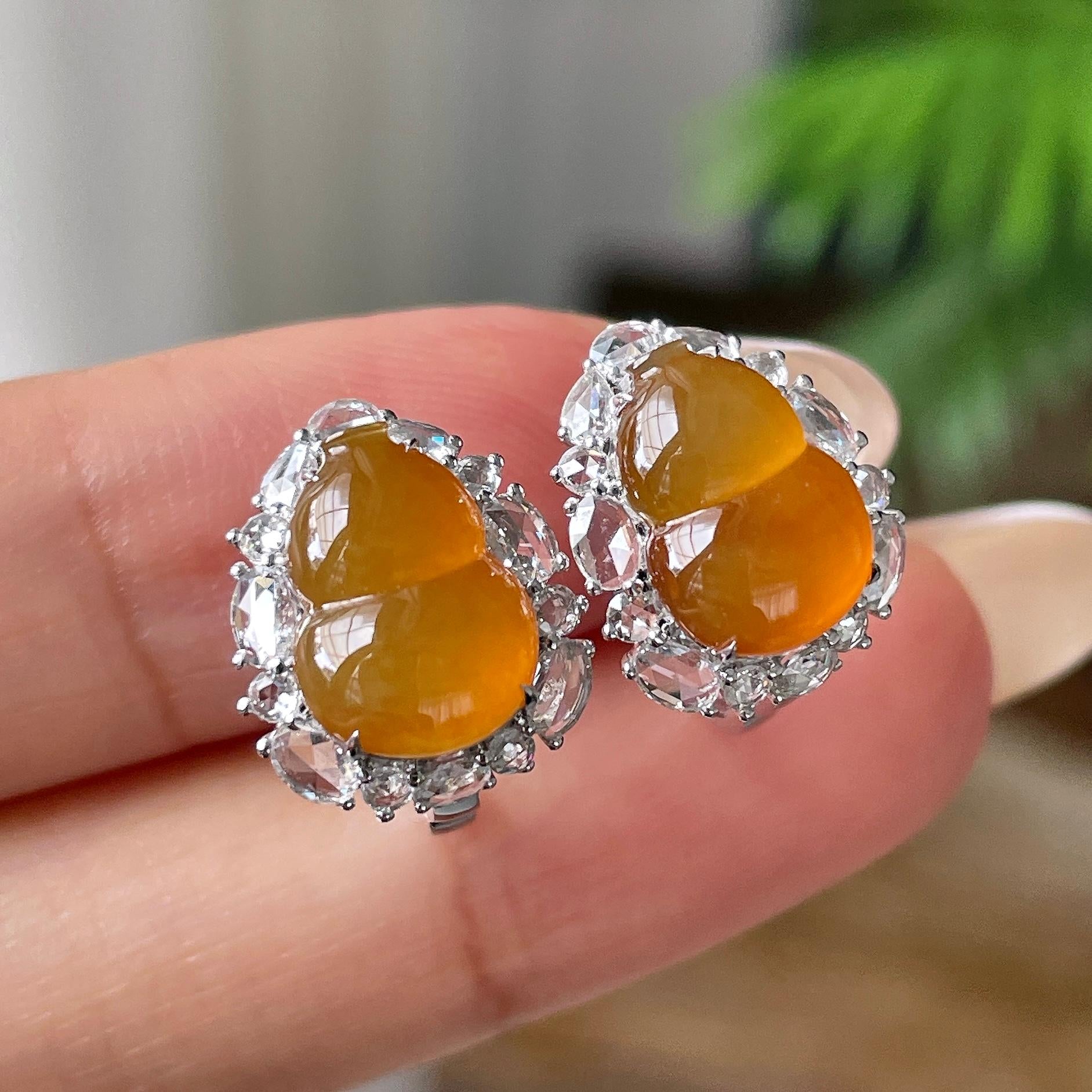 18k金钻镶冰种黄翡葫芦耳钉      天然缅甸A货翡翠（yc415660）