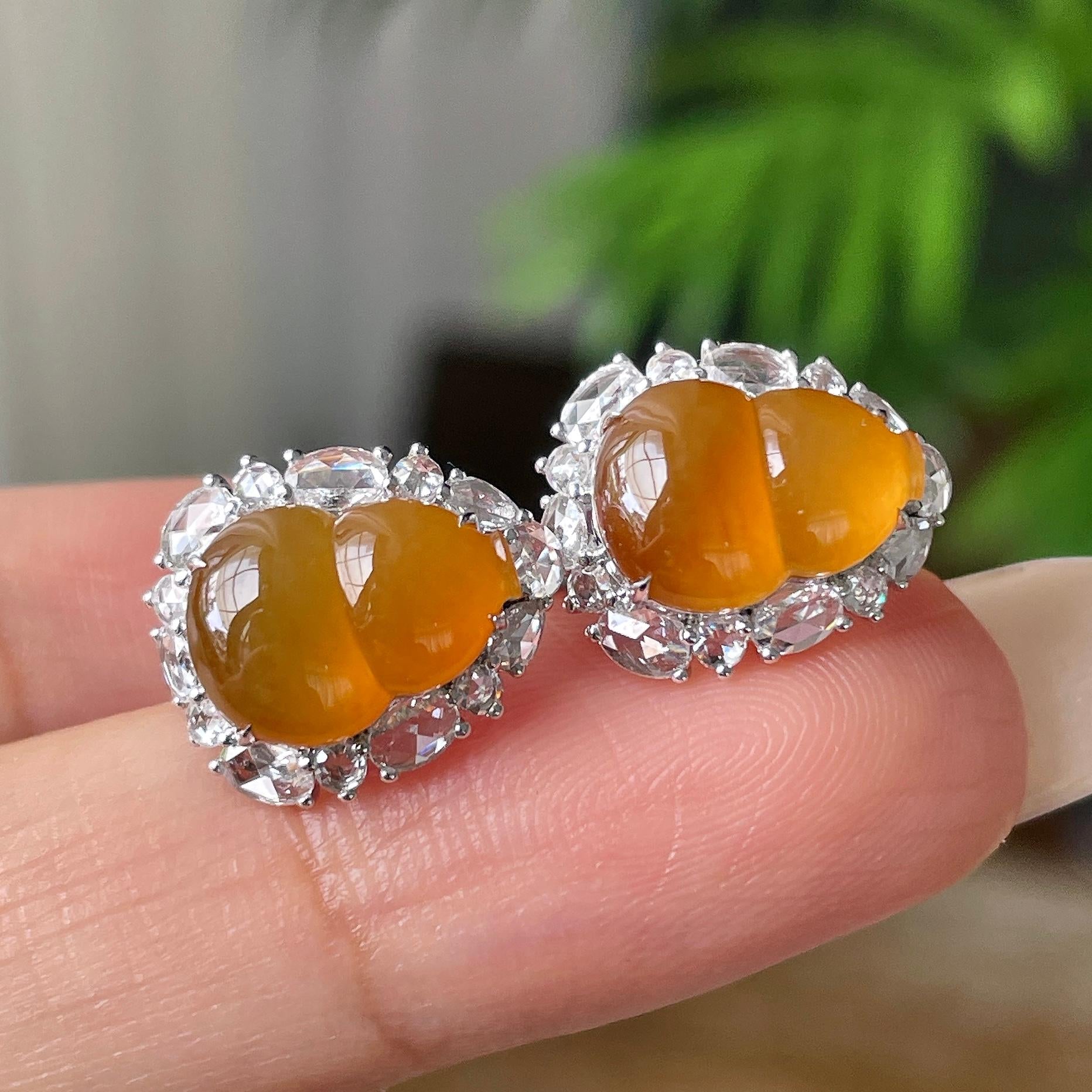 18k金钻镶冰种黄翡葫芦耳钉      天然缅甸A货翡翠（yc415660）
