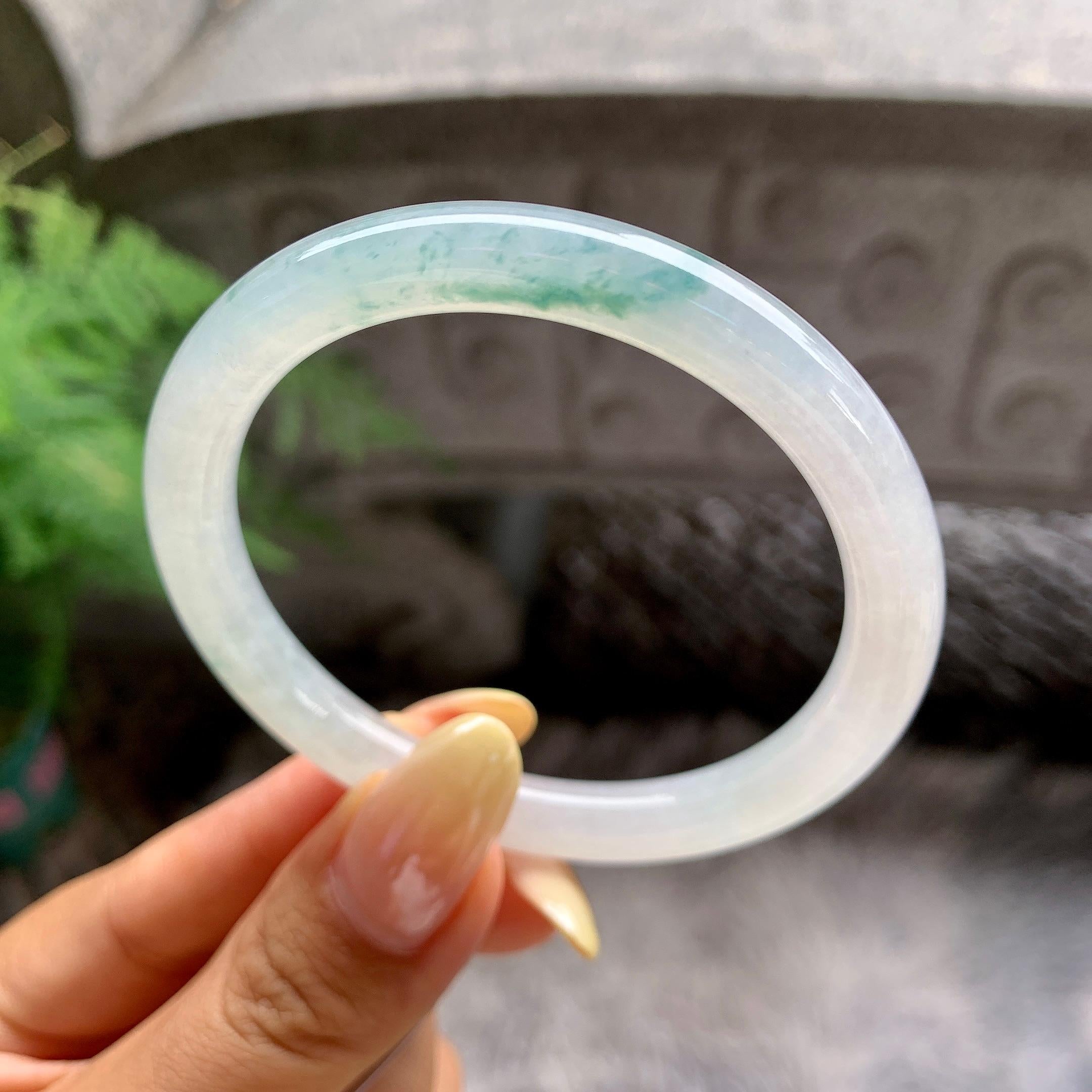 小圈口 糯冰种飘花圆条手镯53圈 天然缅甸A货翡翠（yc481913）