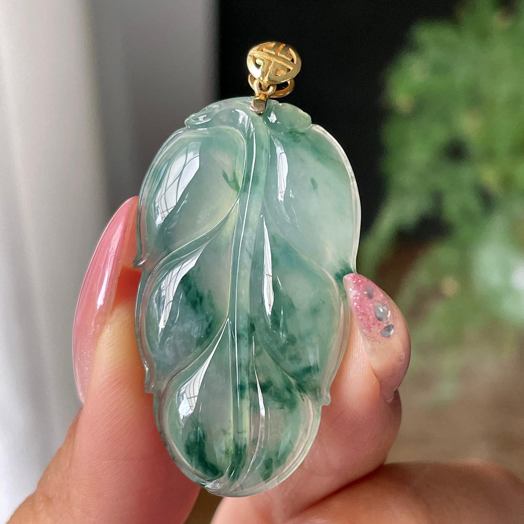 18k金镶糯冰种飘花叶子吊坠      天然缅甸A货翡翠（yc430740）