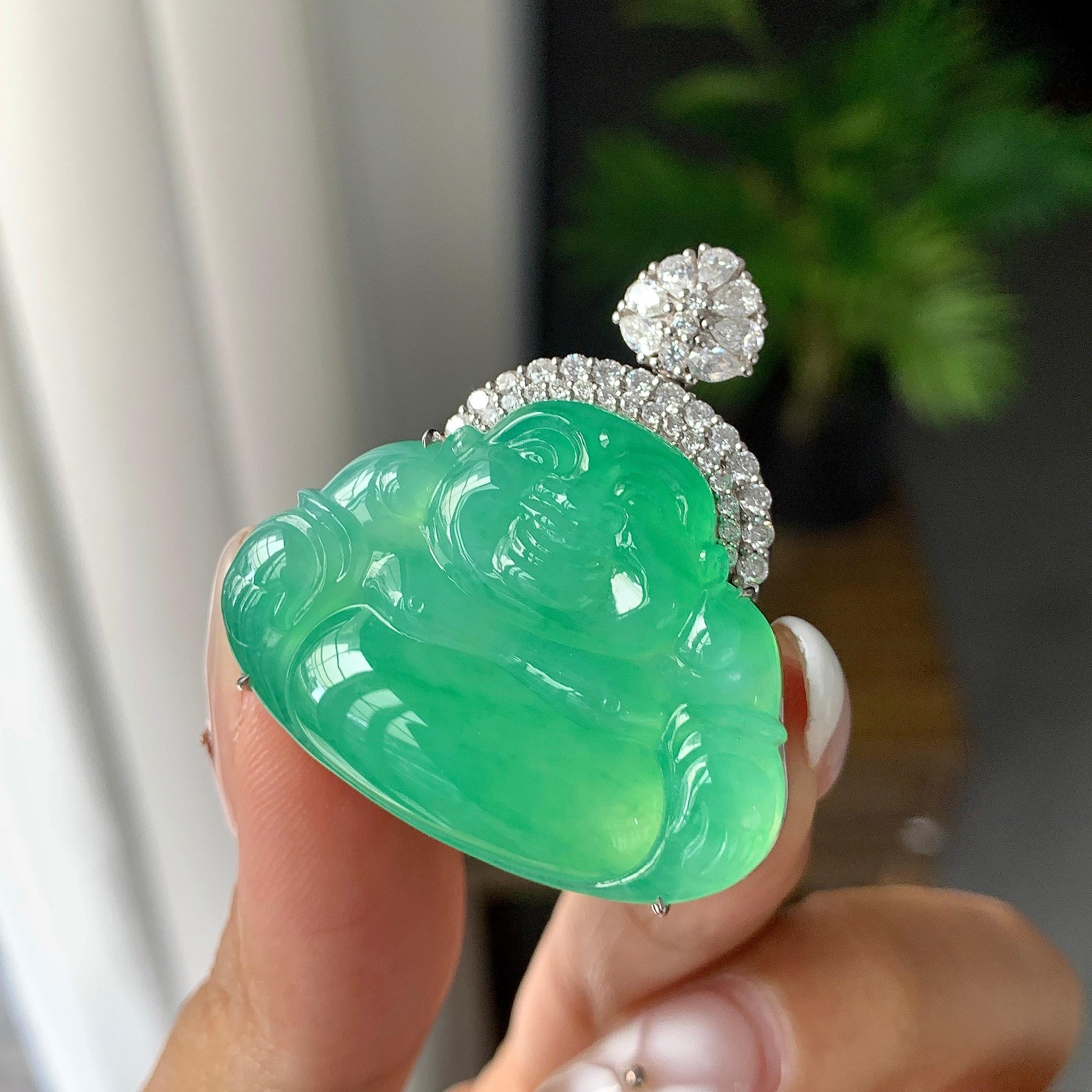 18K金钻镶冰种满绿佛公吊坠（yc252552）