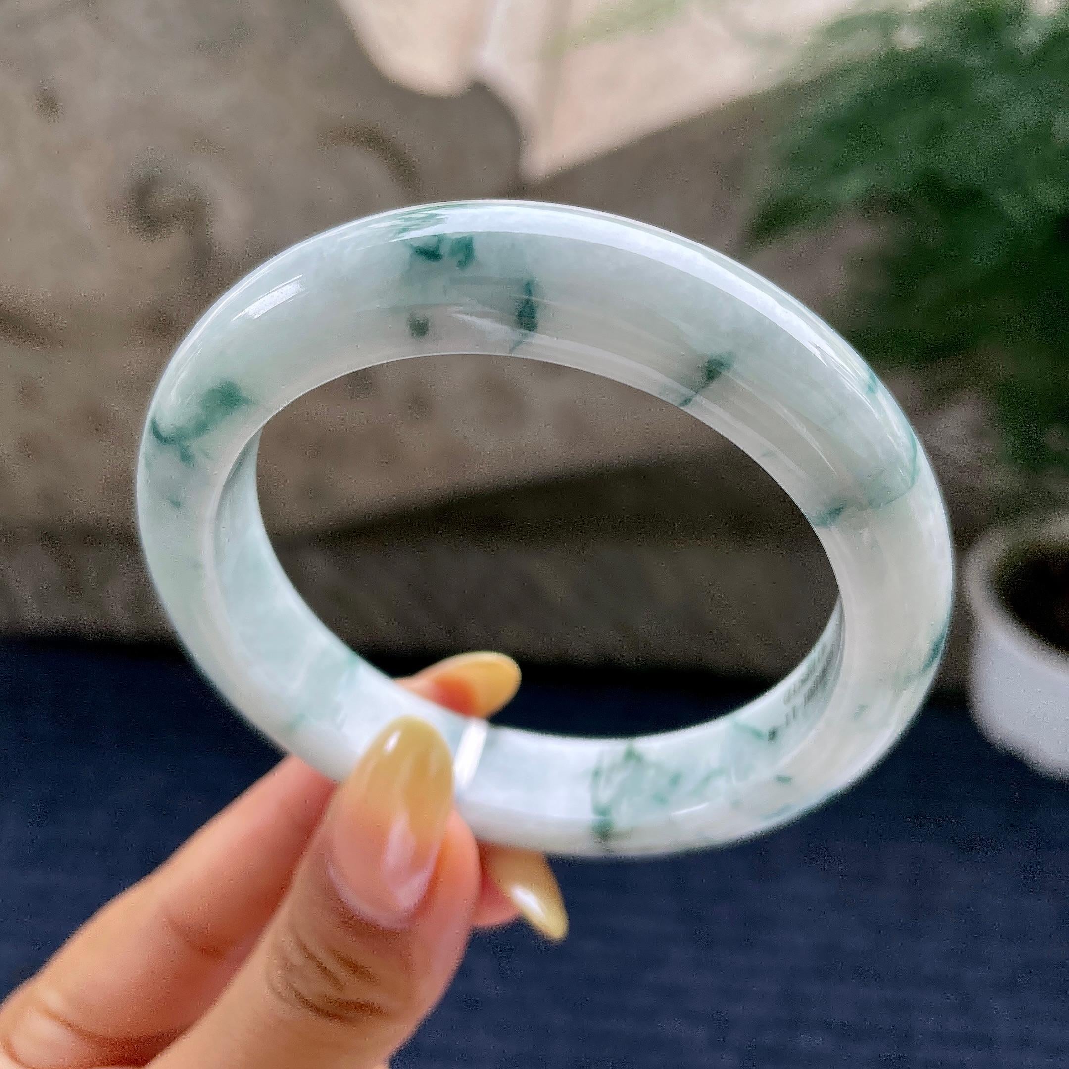 大圈口 细糯种飘花正圈平安镯58.1圈 天然缅甸A货翡翠（yc481919）